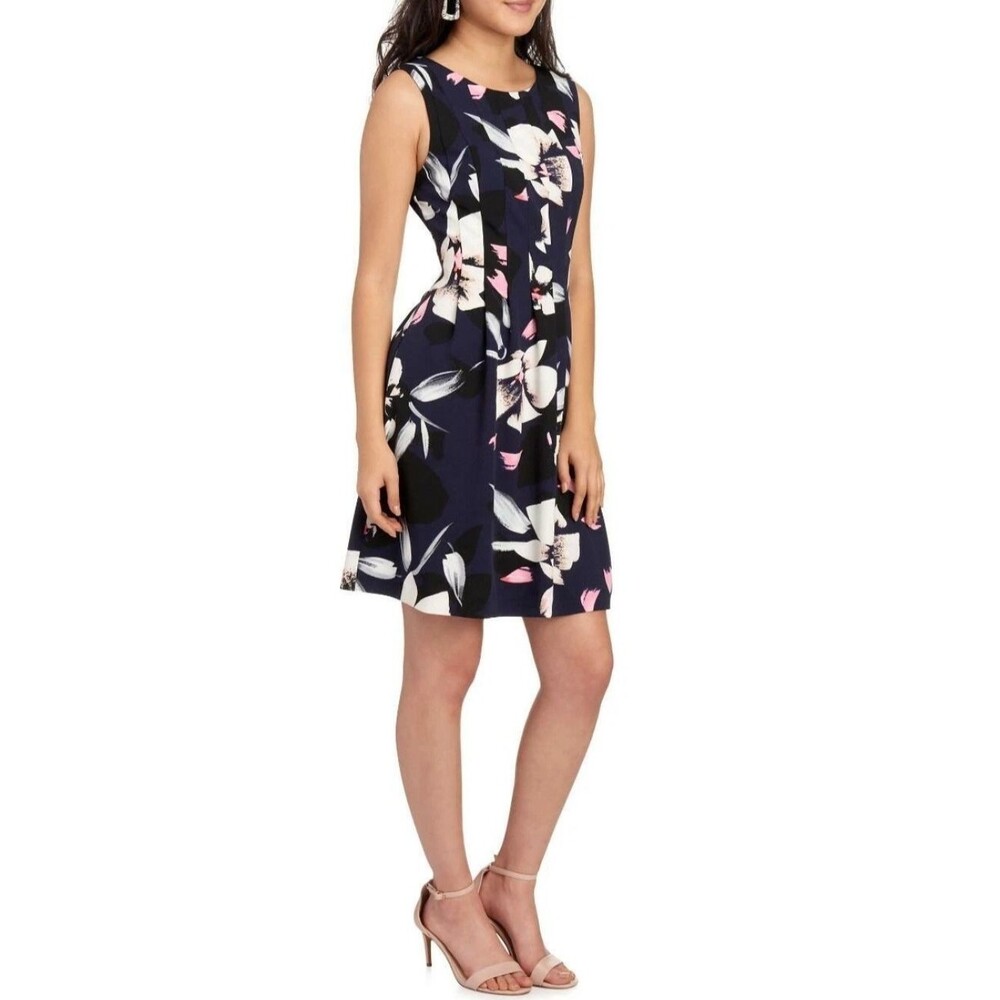 Vince Camuto Pleated Floral Fit Flare Dress 8 Blue Preppy